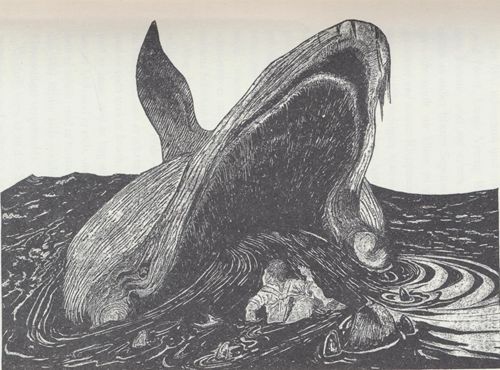 Das ist das Bild davon, wie der Wal den überaus-einfallsreichen-und-gerissenen Matrosen verschluckt, mit dem Floss und dem Klappmesser und den Hosenträgern, die du nicht vergessen darfst.